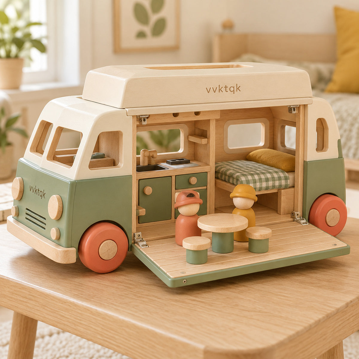 vvktqk Fold-Out Adventure Camper Playset in a bright playroom.