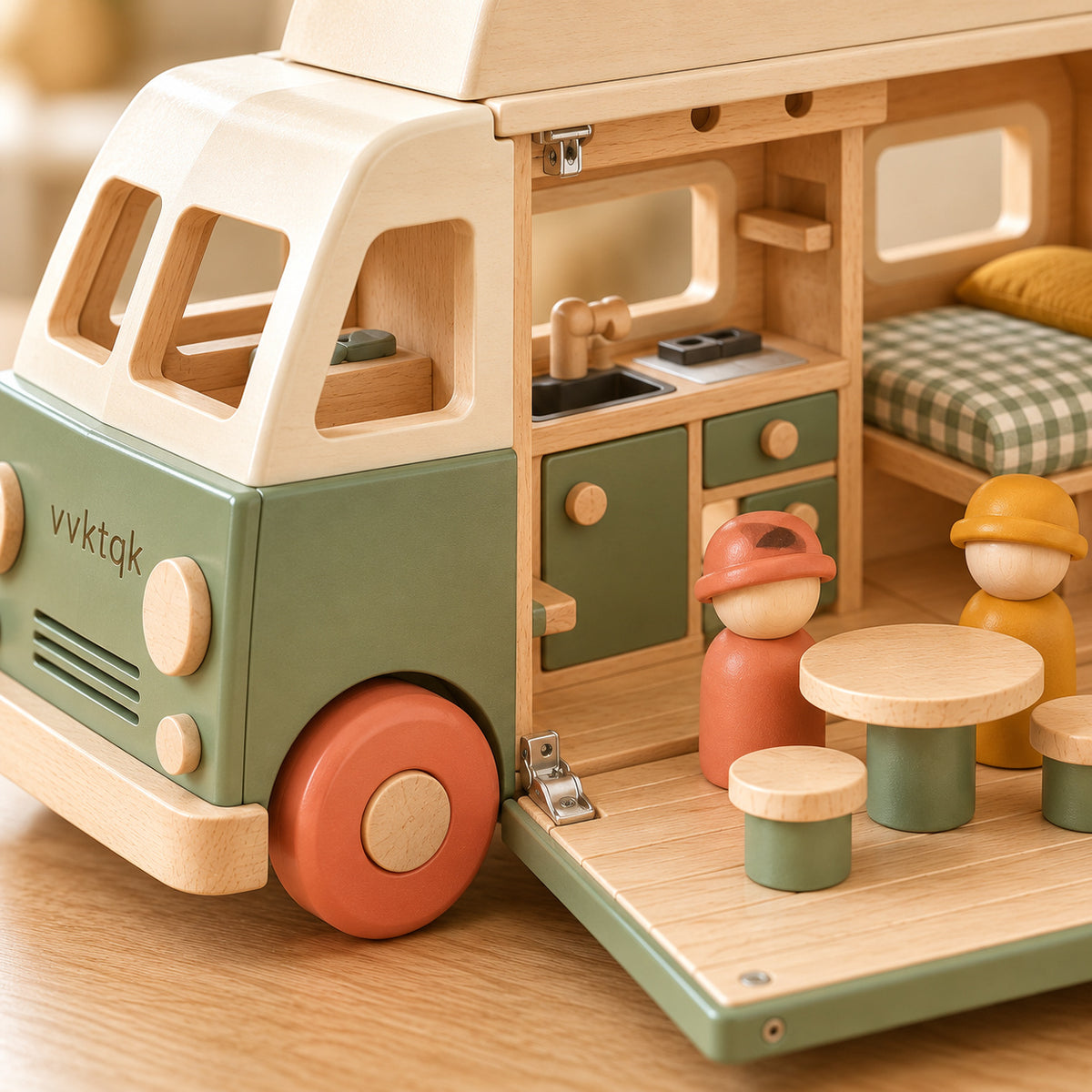 Close-up of vvktqk Fold-Out Adventure Camper Playset showing its distinctive construction and textures.