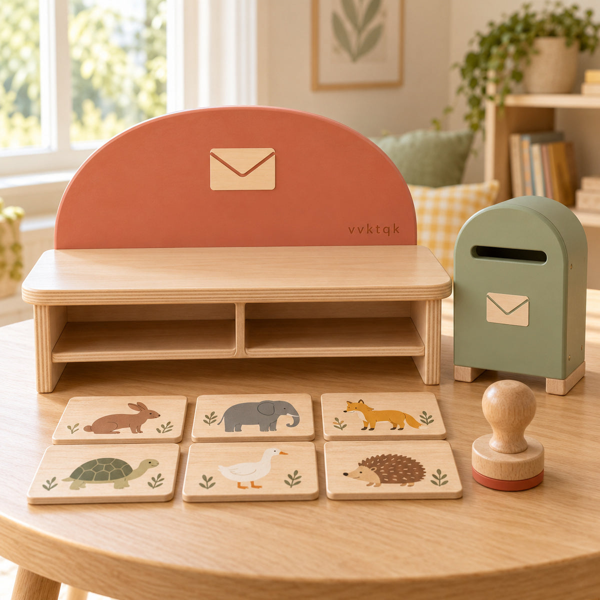 vvktqk Little Post Office Sorting Station in a bright playroom.