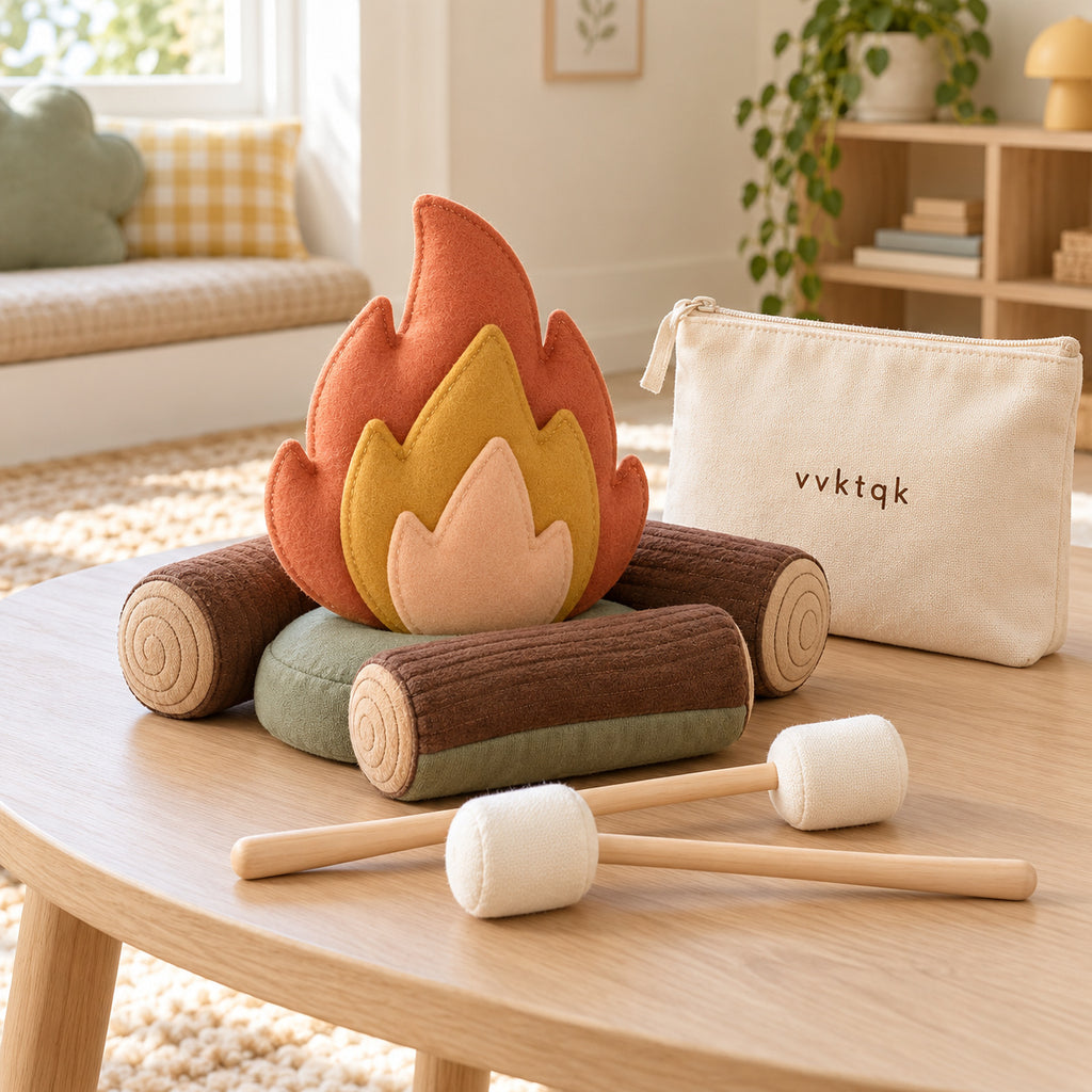 vvktqk Cozy Campfire Pretend Play Set in a bright playroom.