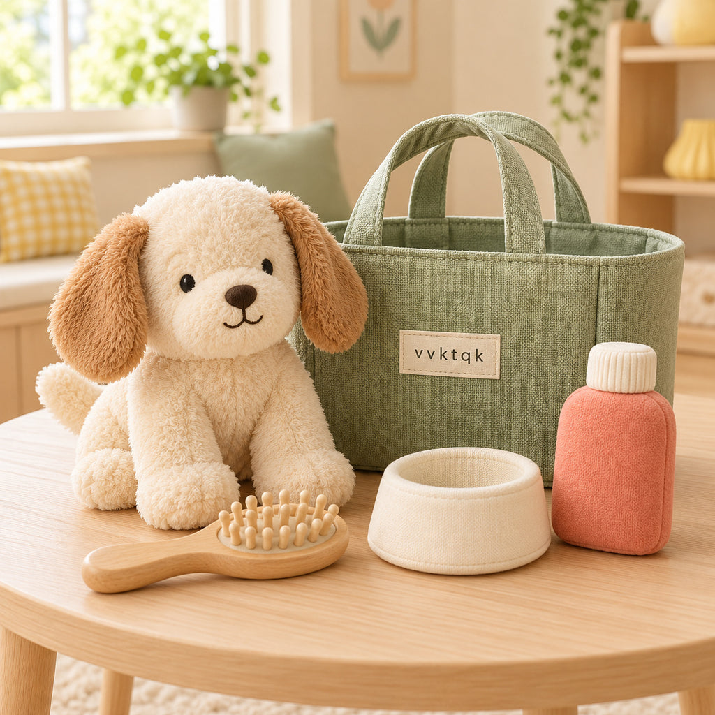 vvktqk Puppy Care & Grooming Play Kit in a bright playroom.
