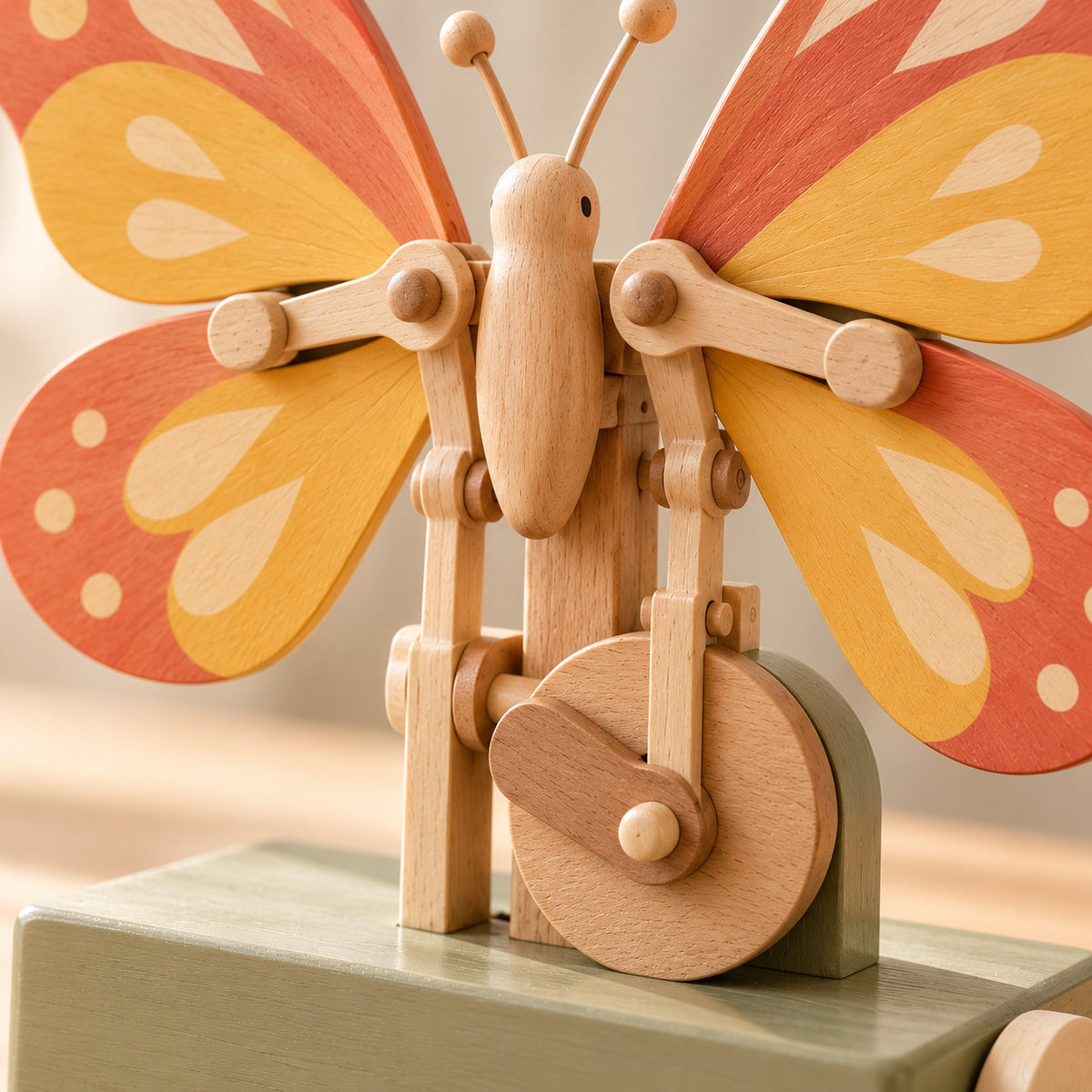 Close-up of vvktqk Flutter Wings Hand-Crank Toy showing its distinctive construction and textures.