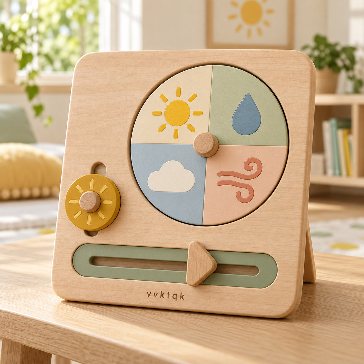 vvktqk Little Weather Wheel Activity Board in a bright playroom.