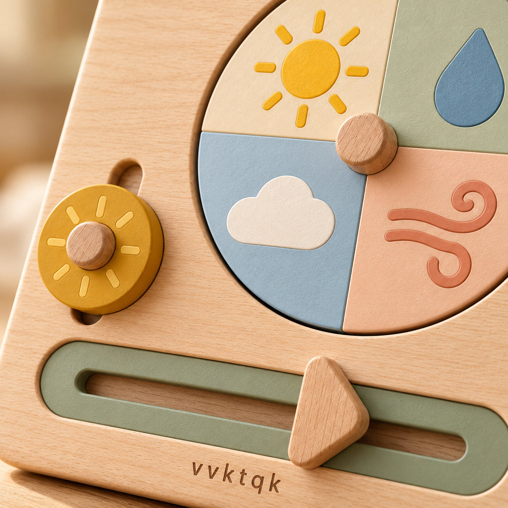 Close-up of vvktqk Little Weather Wheel Activity Board showing its distinctive construction and textures.