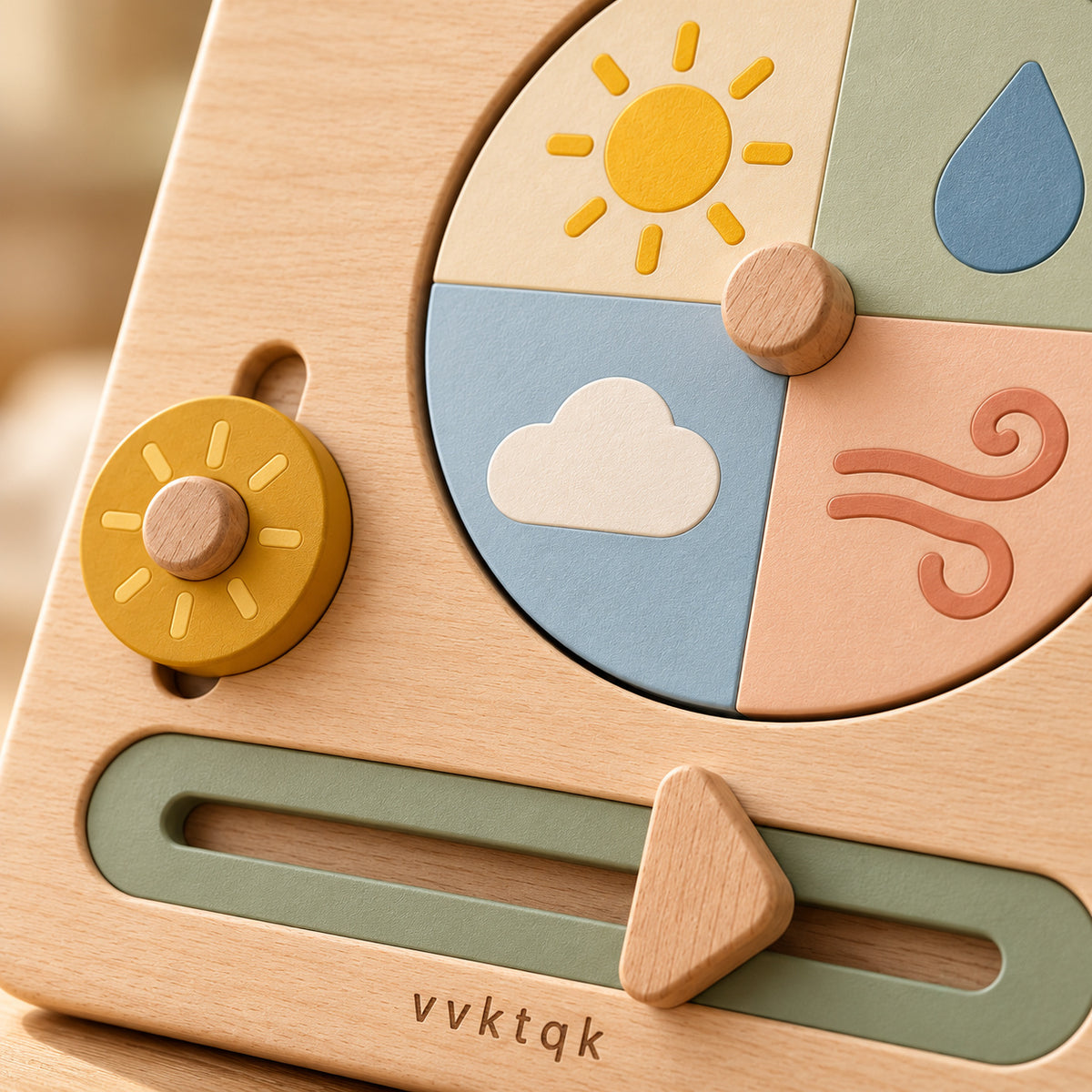 Close-up of vvktqk Little Weather Wheel Activity Board showing its distinctive construction and textures.